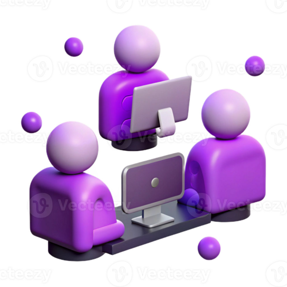 3D Render of People Working Together at Desk with Computers png