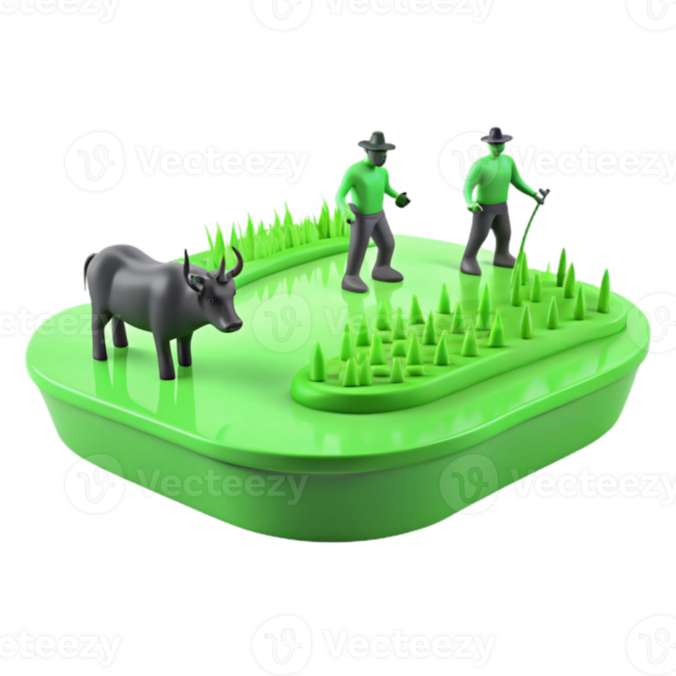Farm Illustration with Two Farmers and a Cow png