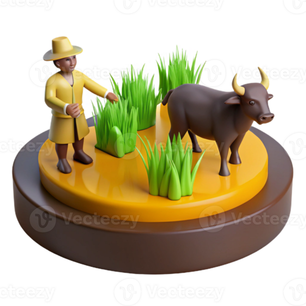 3D Render of Farmer with Bull in Grass png
