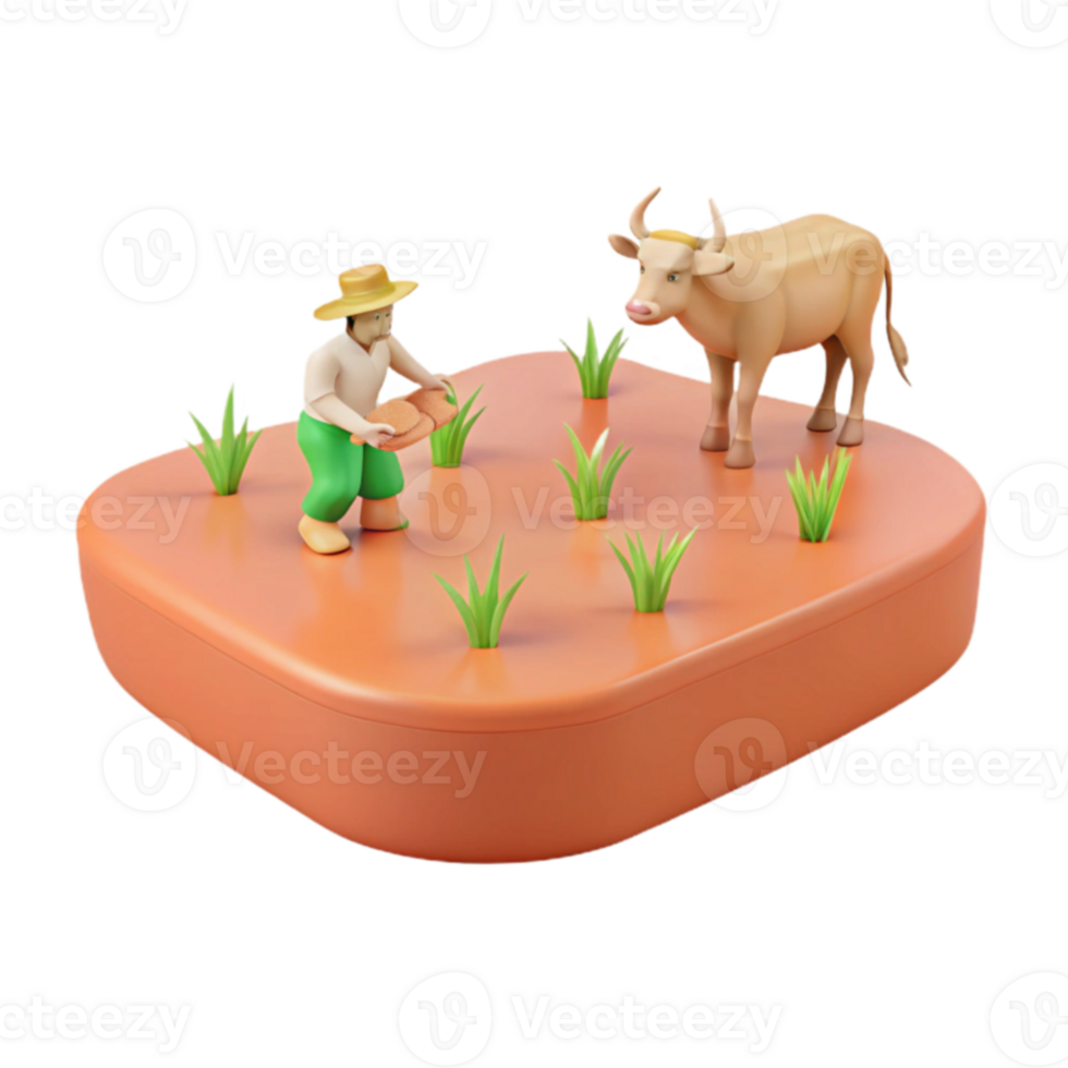 3D Illustration of a Farmer Planting Crops with a Cow in the Background png