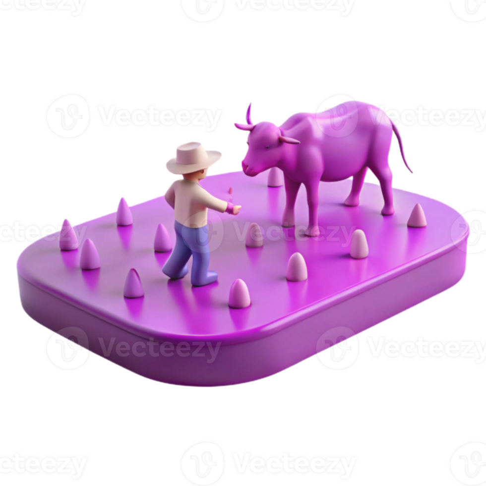 3D Render of a Farmer Feeding a Purple Cow on a Platform png