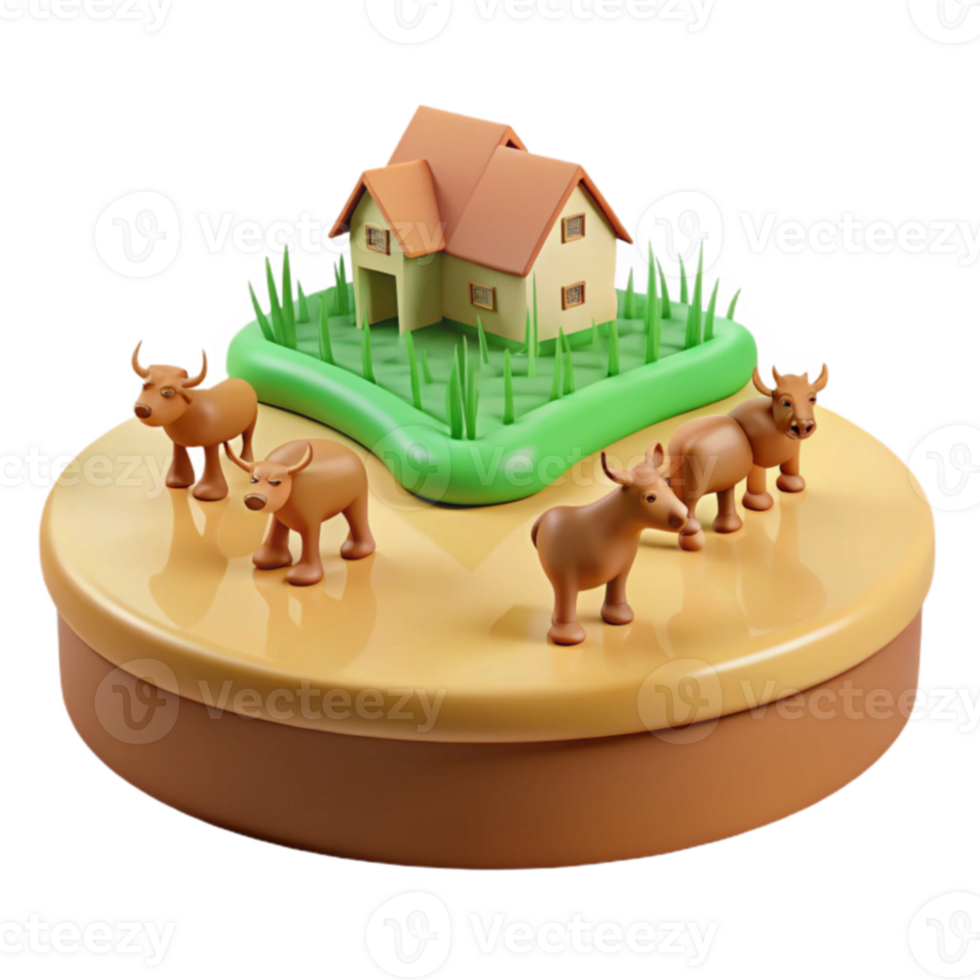 3D Render of a Farm with a House and Four Cows png