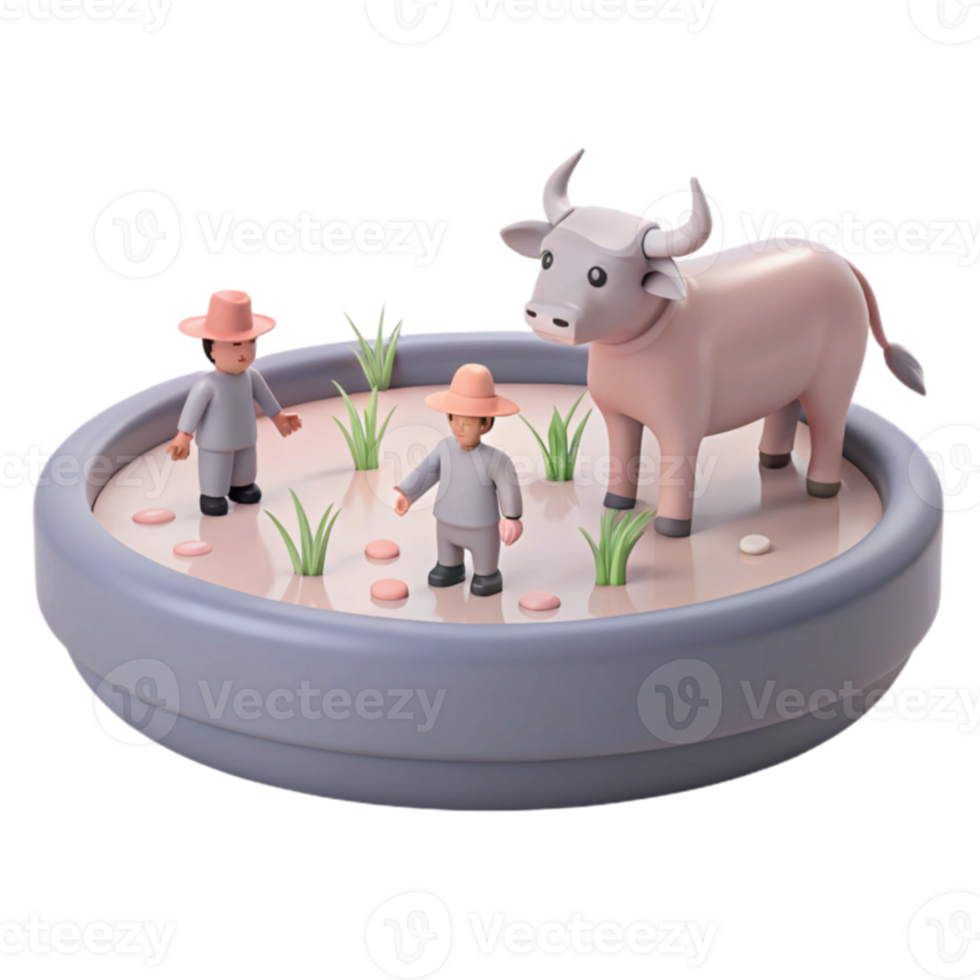 3D Illustration of Two Farmers and a Cow in a Paddy Field png