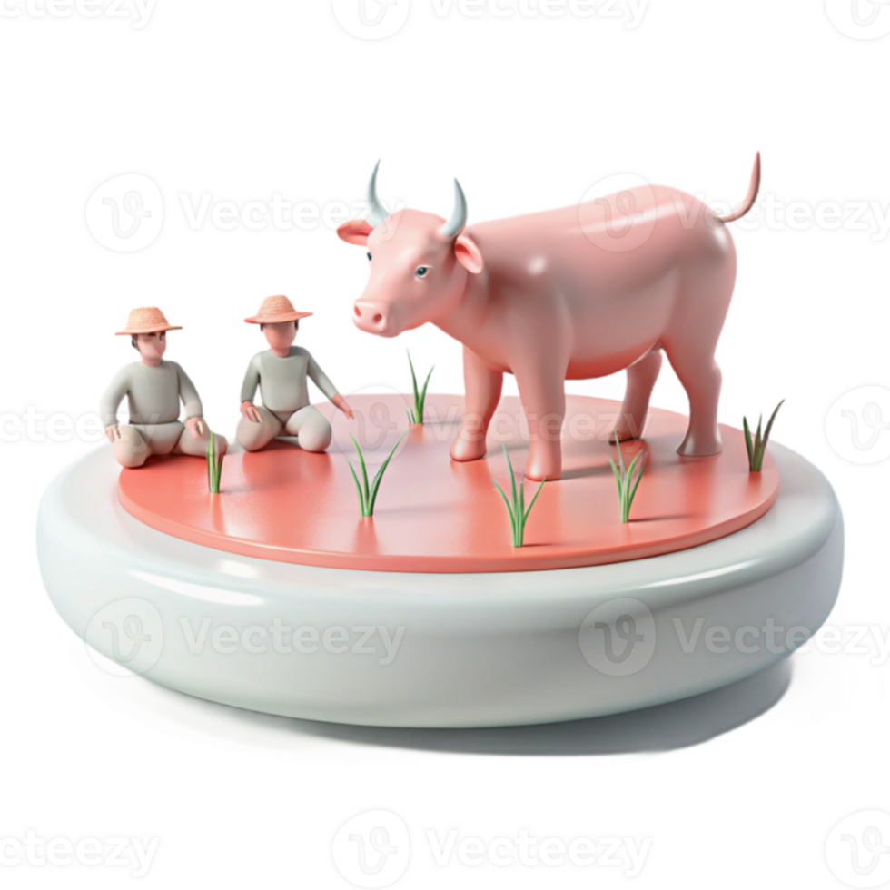 3D Render of a Pink Cow with Two Figures in a Field png