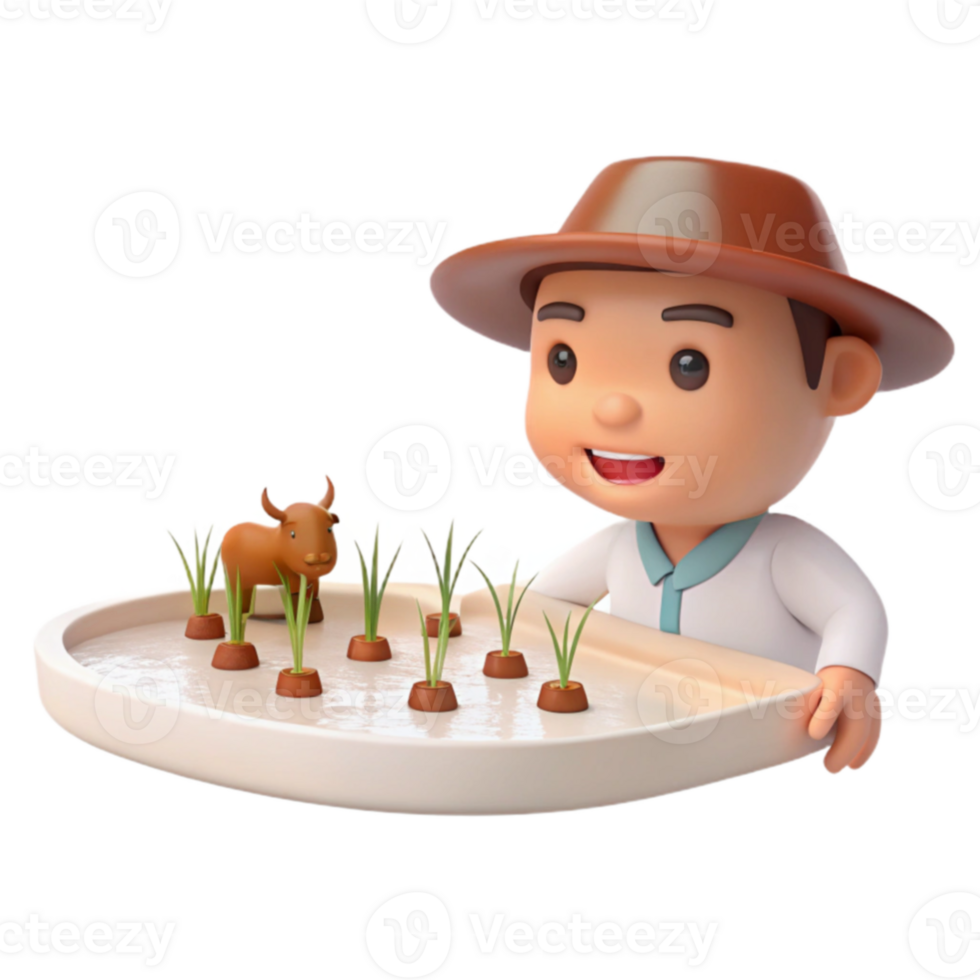 Smiling Farmer Holding Tray of Sprouting Plants with Cow png
