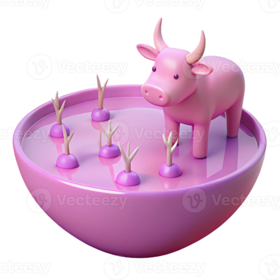 3D Render of a Pink Cow Standing in a Bowl of Water with Small Plants png