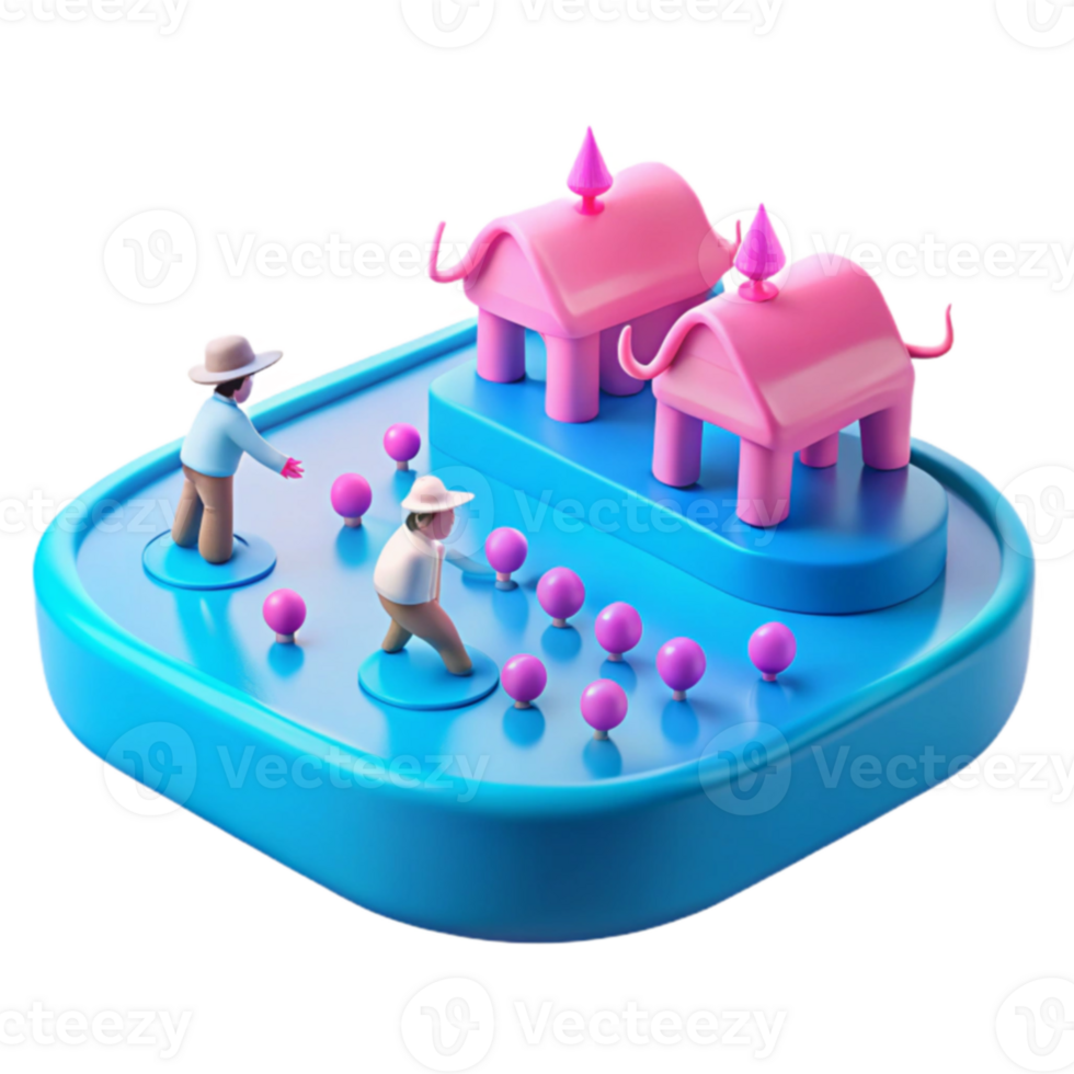 3D Rendered Scene with Pink Elephant Structures and People png