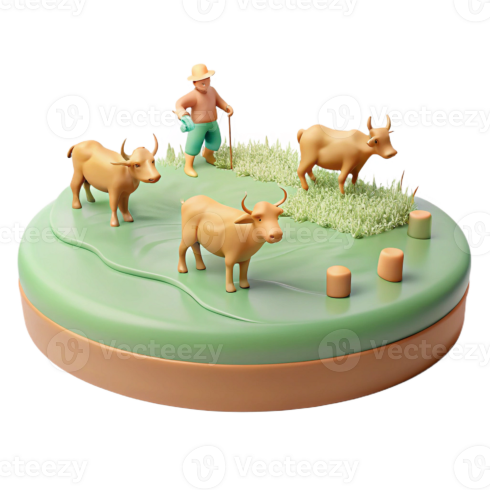 3D Render of a Farmer and Cows on a Grassy Island png