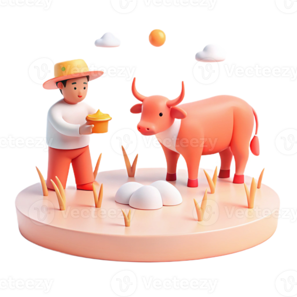3D Cartoon Illustration of a Farmer Feeding a Cow with a Bowl of Feed png