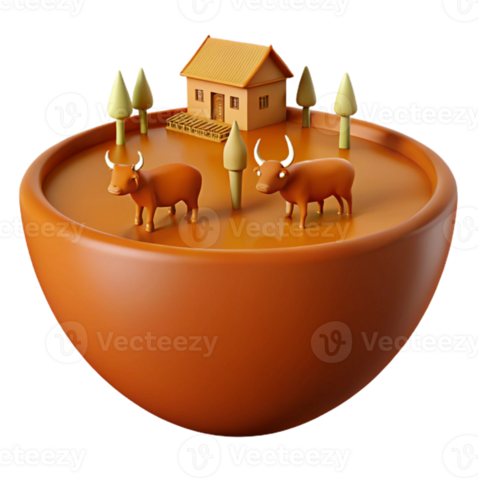 3D Render of a Miniature Farm with Two Cows and a Small House in a Bowl png