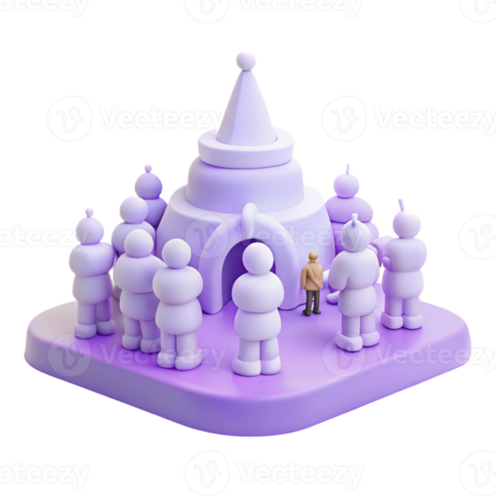 Purple 3D Render of Figures Standing Outside of a Castle png