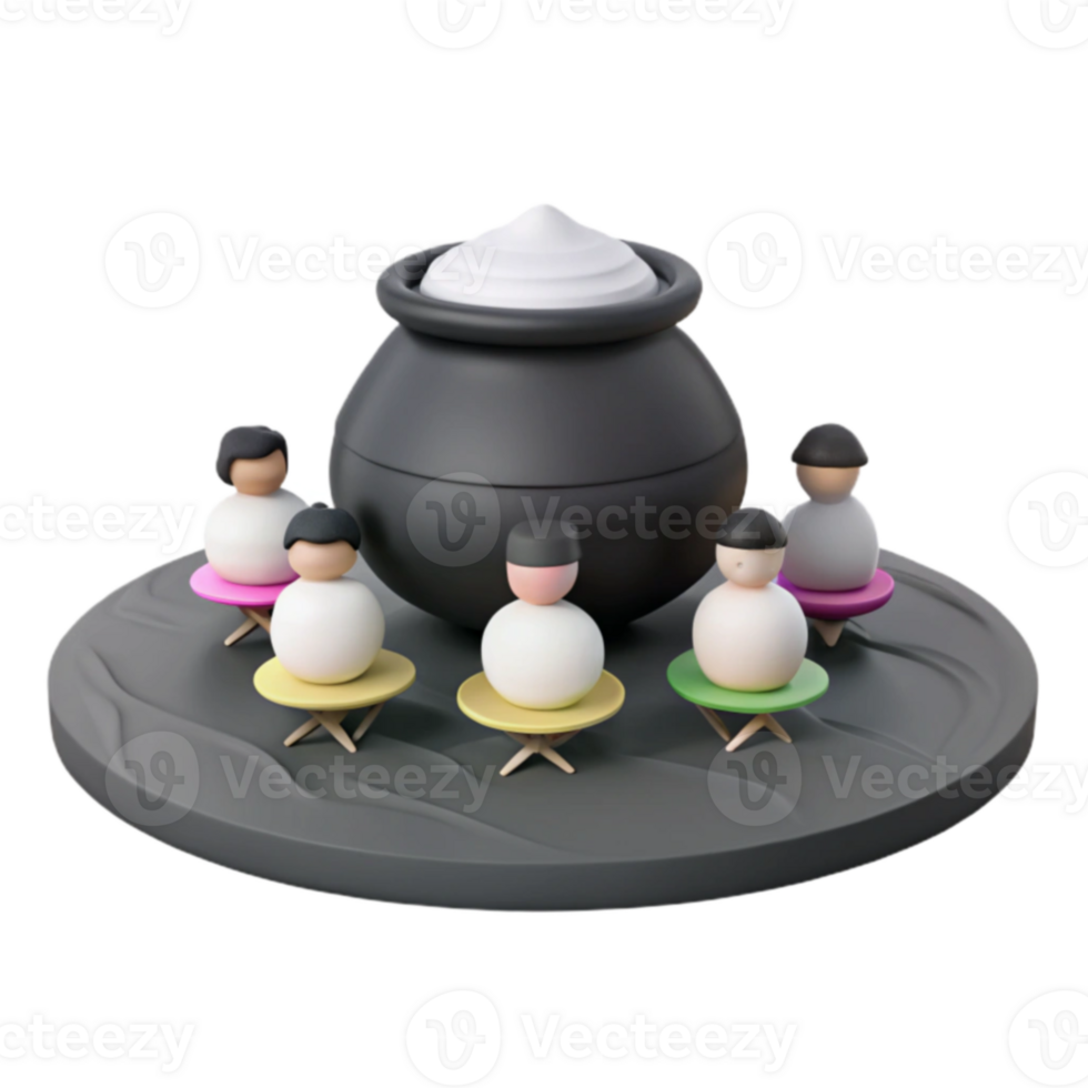 3D Render of People Sitting Around a Pot with a Lid png