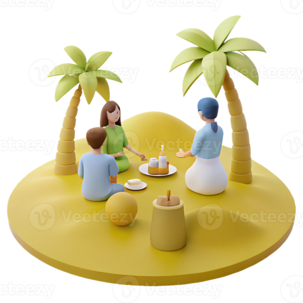 3D Render of Friends Enjoying a Picnic Under Palm Trees png