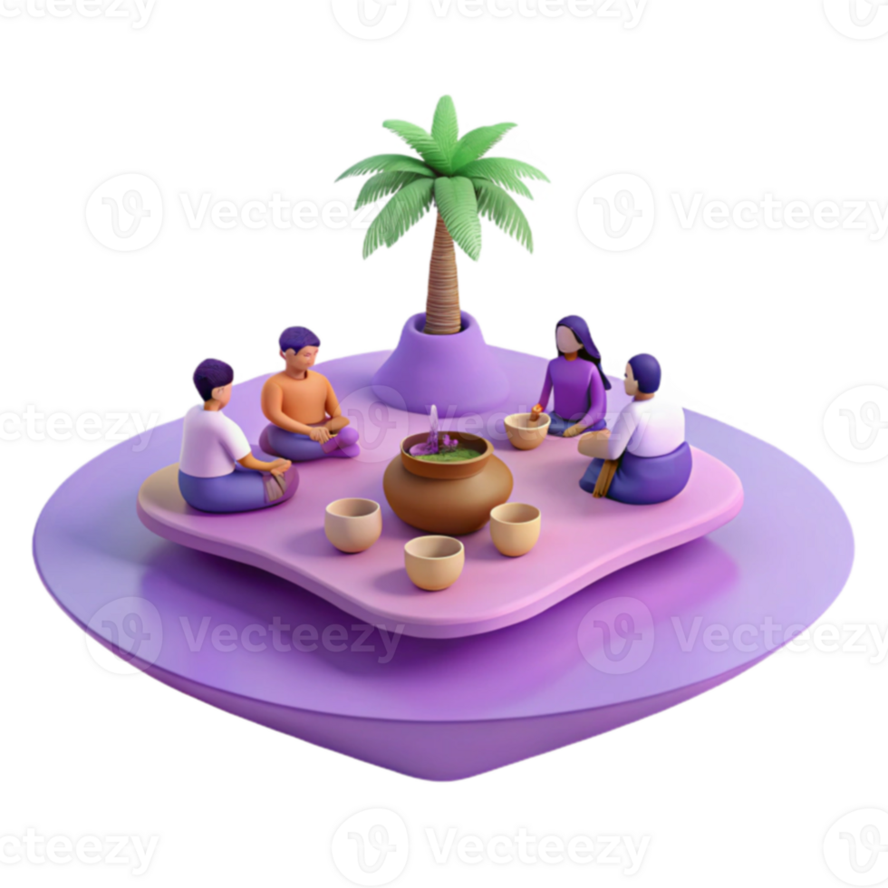 3D Render of People Gathering Around a Pot Under a Palm Tree png