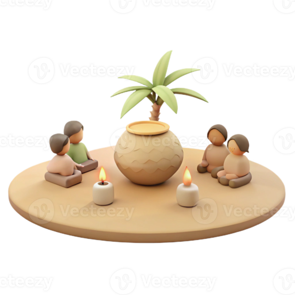 3D Render of Couple Sitting Around Pot and Palm Tree png