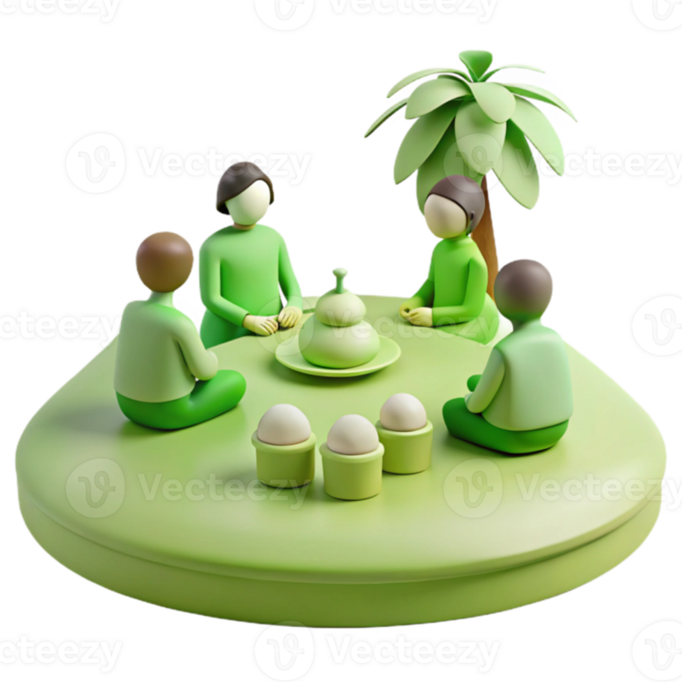 Green 3D Characters Enjoying Time Together Around a Table png