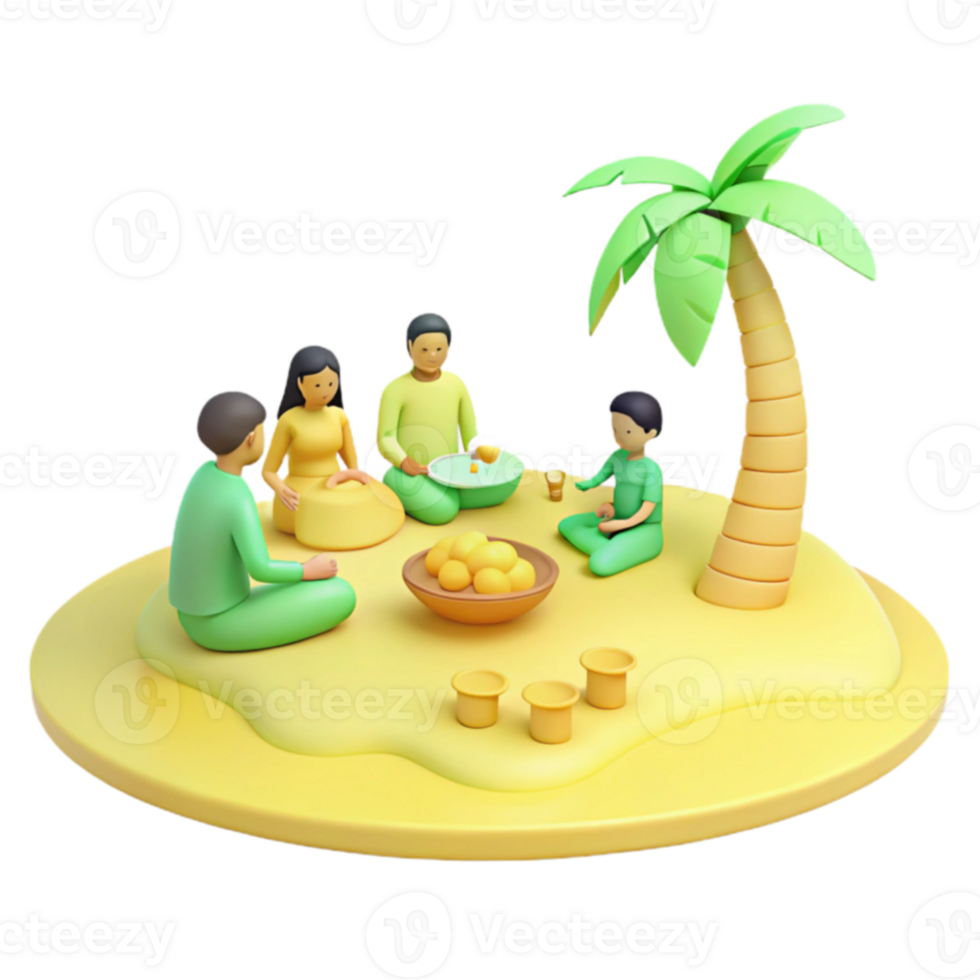 3D Illustration of Family Gathering Under a Palm Tree on a Tropical Island png