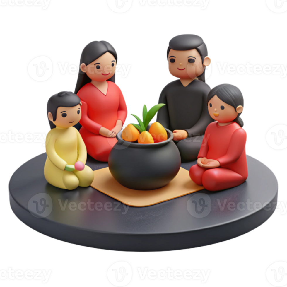 3D Cartoon Family Gathering Around a Pot of Fruit png