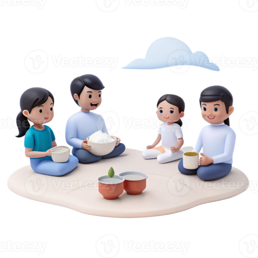 Family Gathering 3D Cartoon Characters Enjoying a Meal Together png