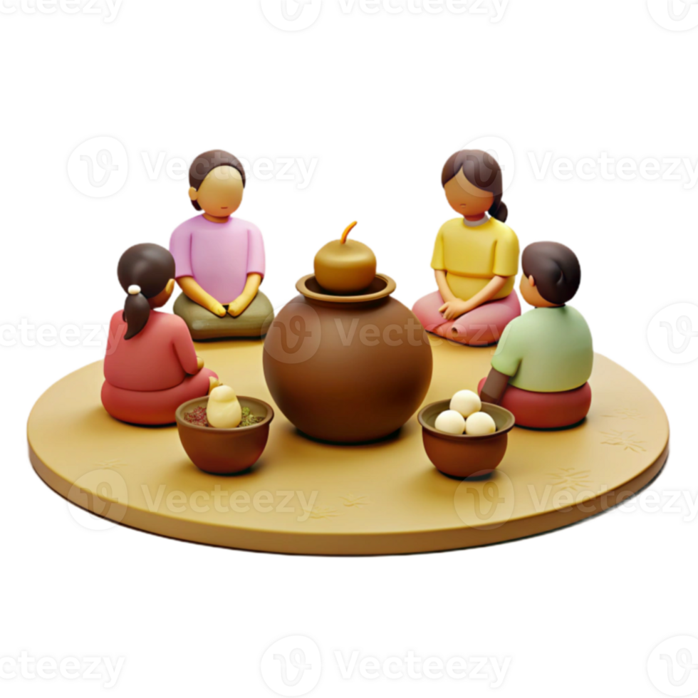 3D Illustration of People Sitting Around a Pot with a Gourd on Top png