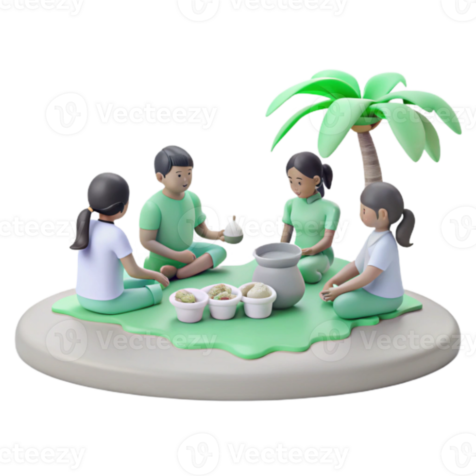 3D Illustration of Children Enjoying a Picnic Under a Palm Tree png