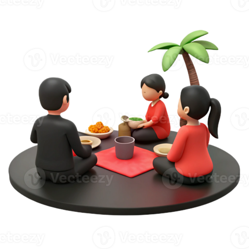 3D Render of People Enjoying a Meal Together Under a Palm Tree png