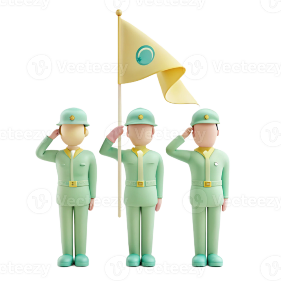 3D Cartoon Soldiers Saluting with Flag png