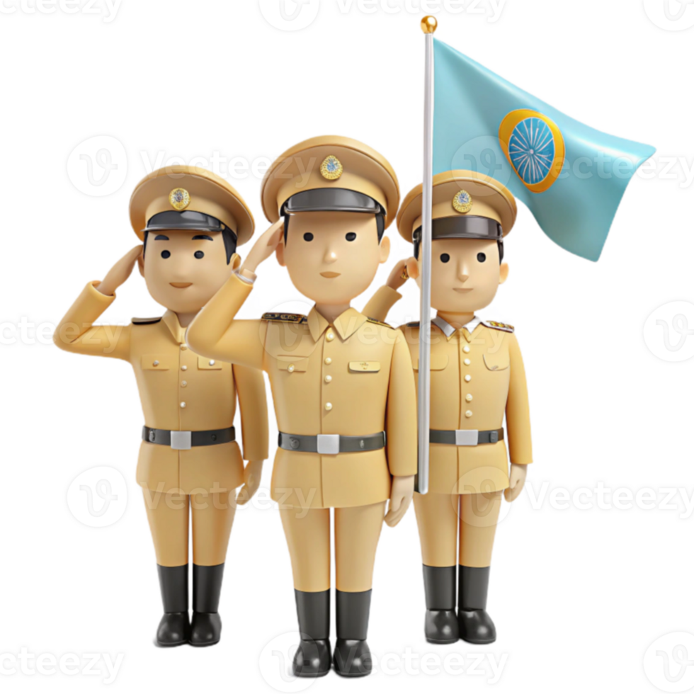 Three Soldiers Saluting a Flag with a Wheel Symbol png