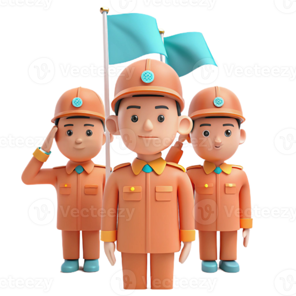 Three Cartoon Workers Saluting a Flag png