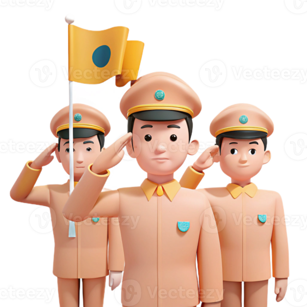 Three Cartoon Soldiers Saluting with a Flag png