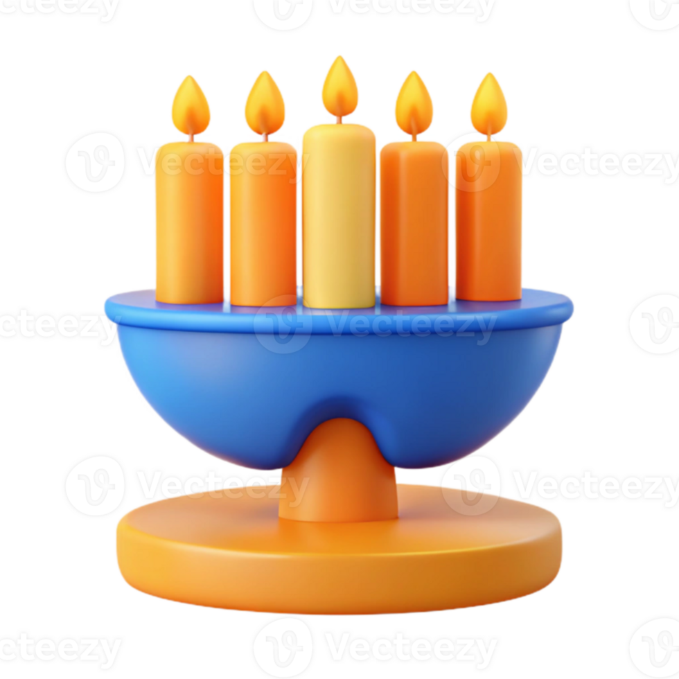Five Burning Candles on a Blue and Orange Stand png