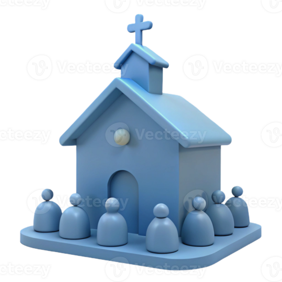 3D Render of Blue Church with People in Front png