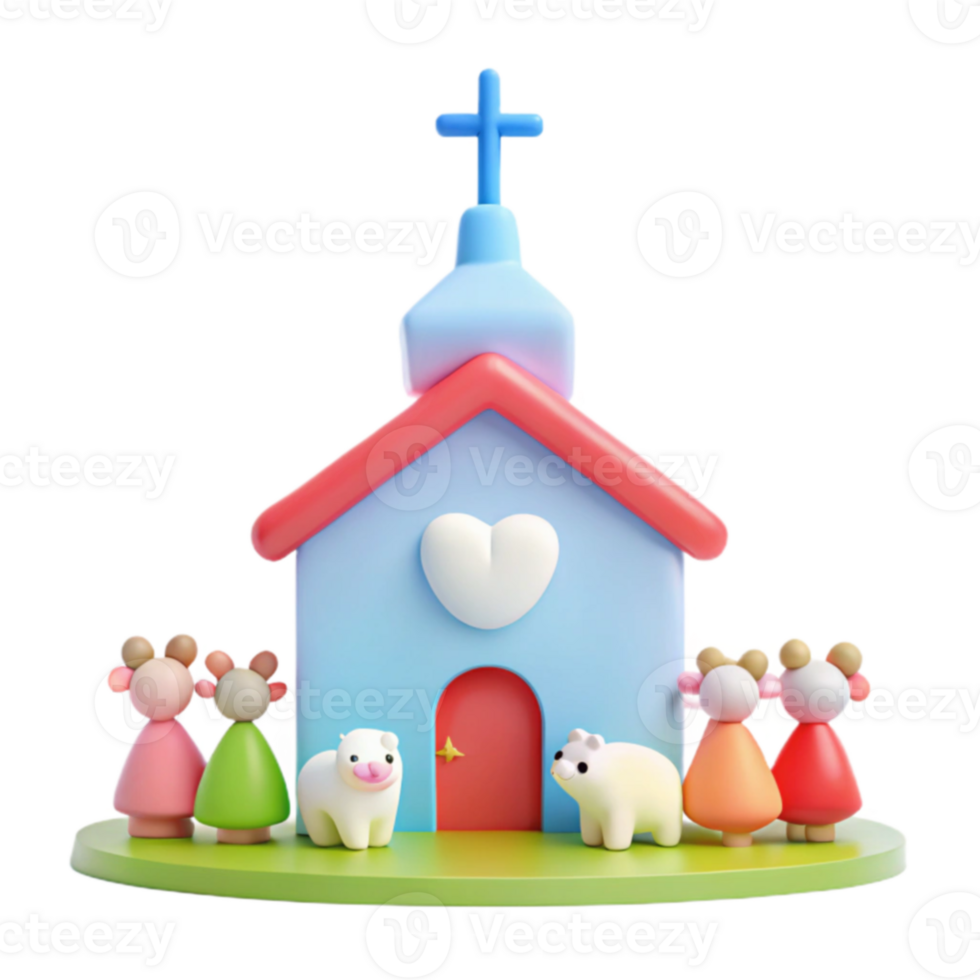 Cute Cartoon Church with Lambs and People png