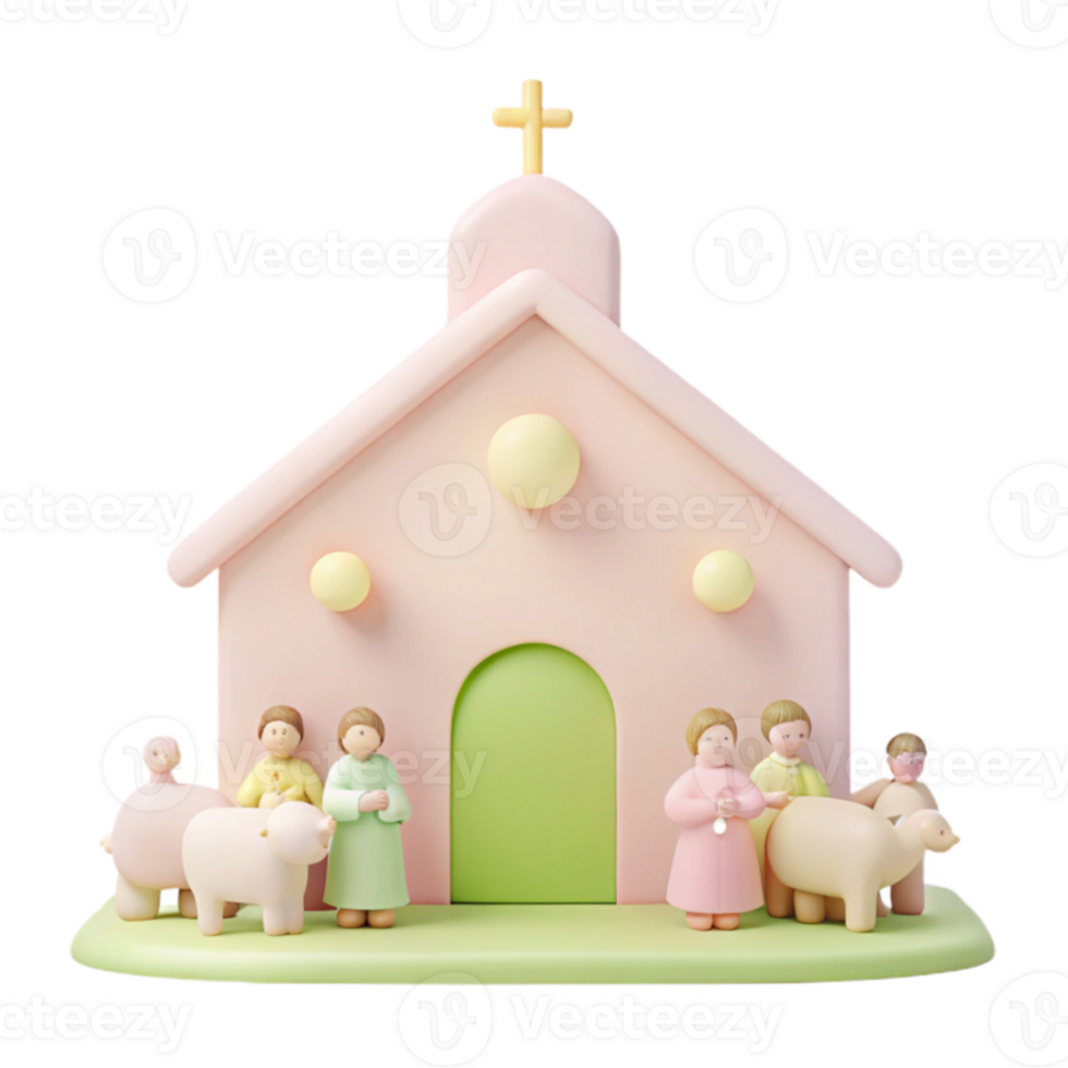 Pink Church Figurine with People and Animals png