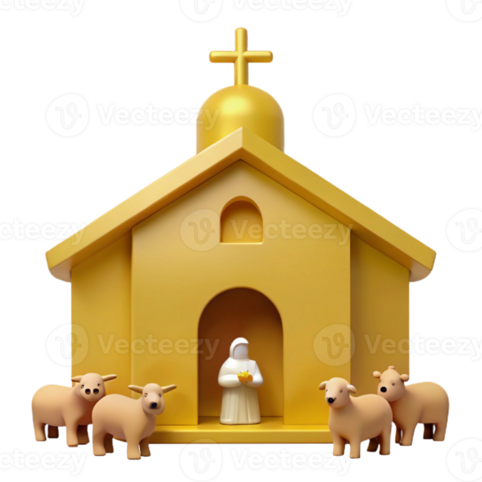 3D Render of a Small Church with a Cross on Top and Sheep Surrounding It png