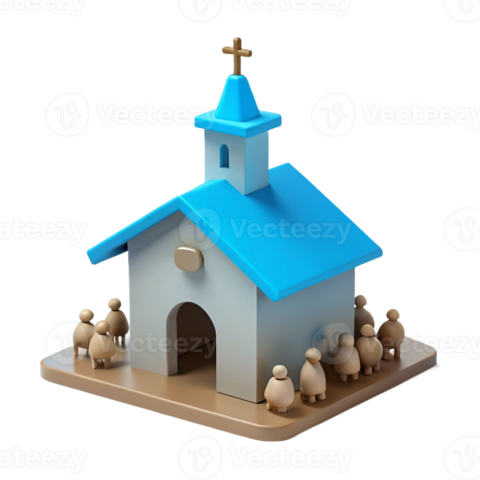 3D Render of a Small Church with People Standing Outside png