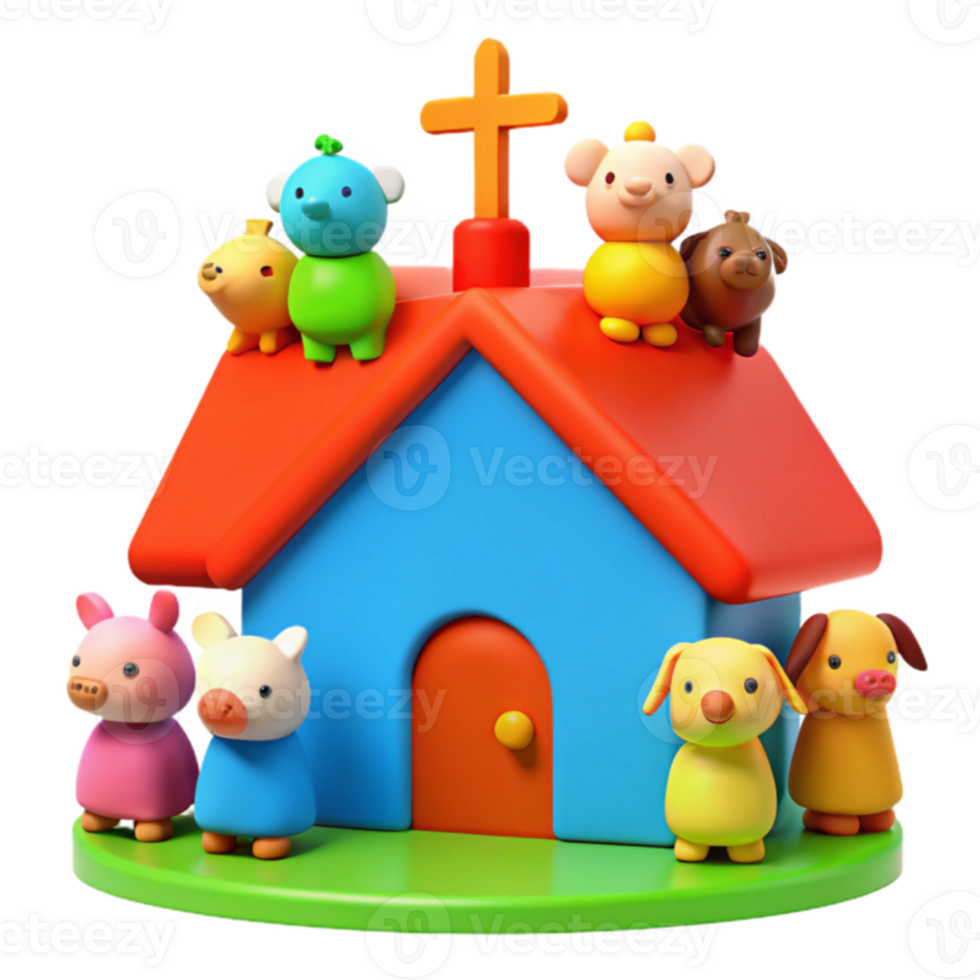 Cute Cartoon Animals Gather Around House with Cross on Roof png