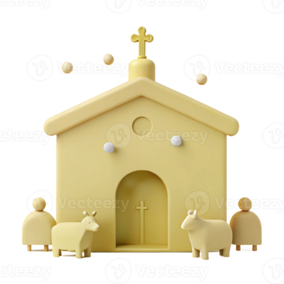 3D Render of a Yellow Church with a Cross on Top and Two Cows in Front png