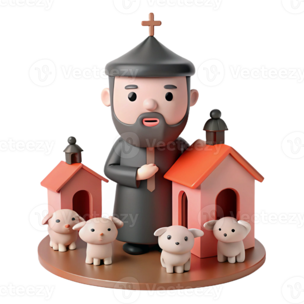 3D Cartoon Priest with Four Lambs in Small Houses png