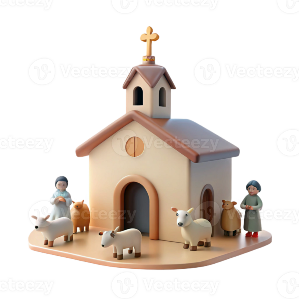 3D Rendered Miniature Church with Figures and Animals png