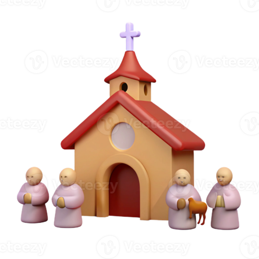 3D Render of People Standing Outside a Church png