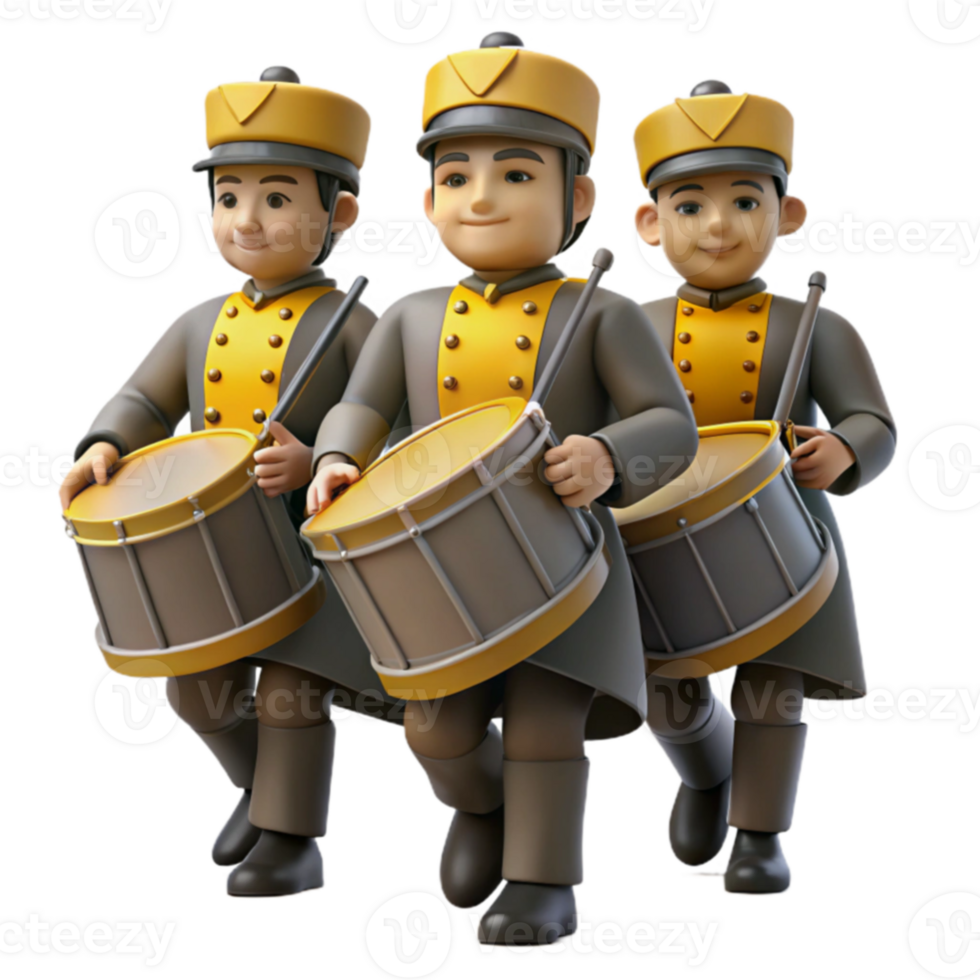 Three Cartoon Drummers Marching in Unison png
