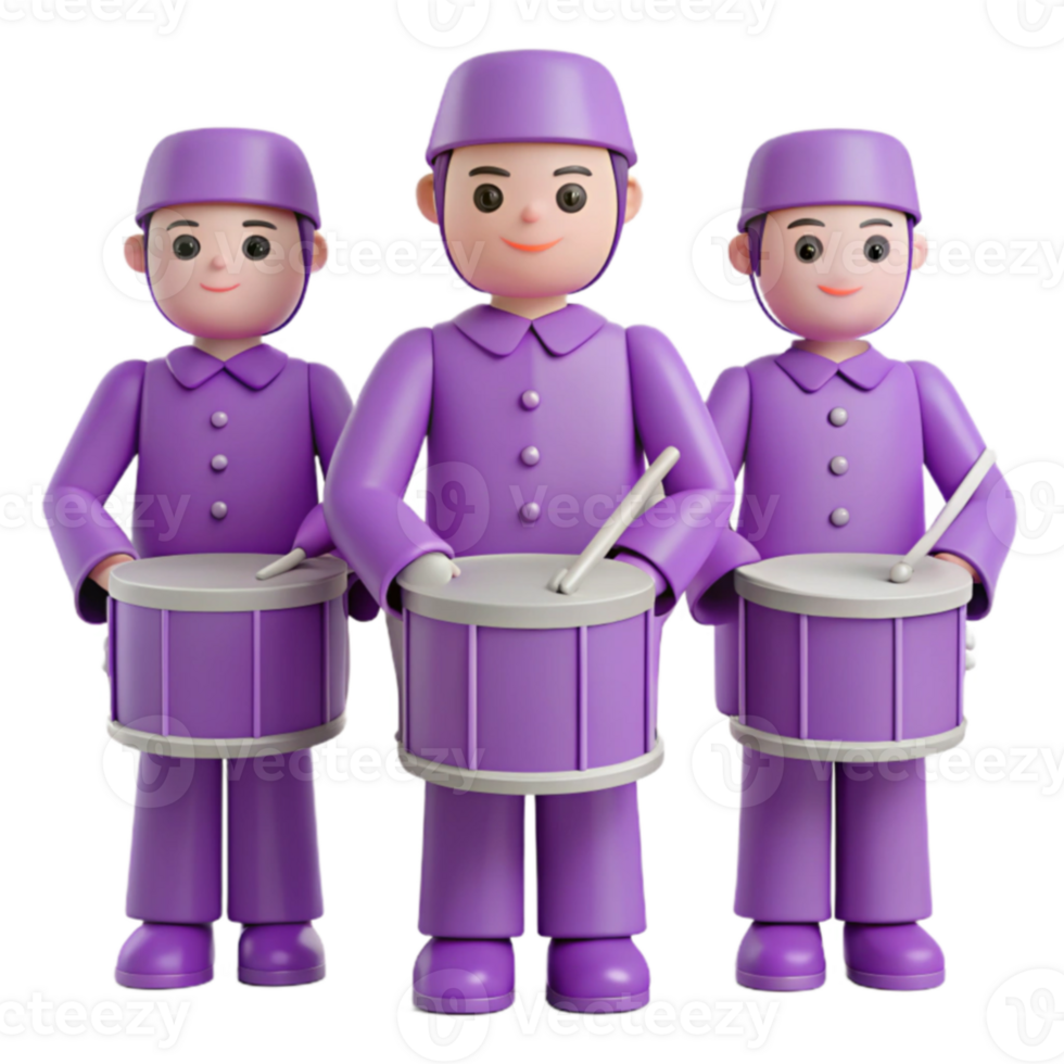 Three 3D Cartoon Characters Playing Drums png