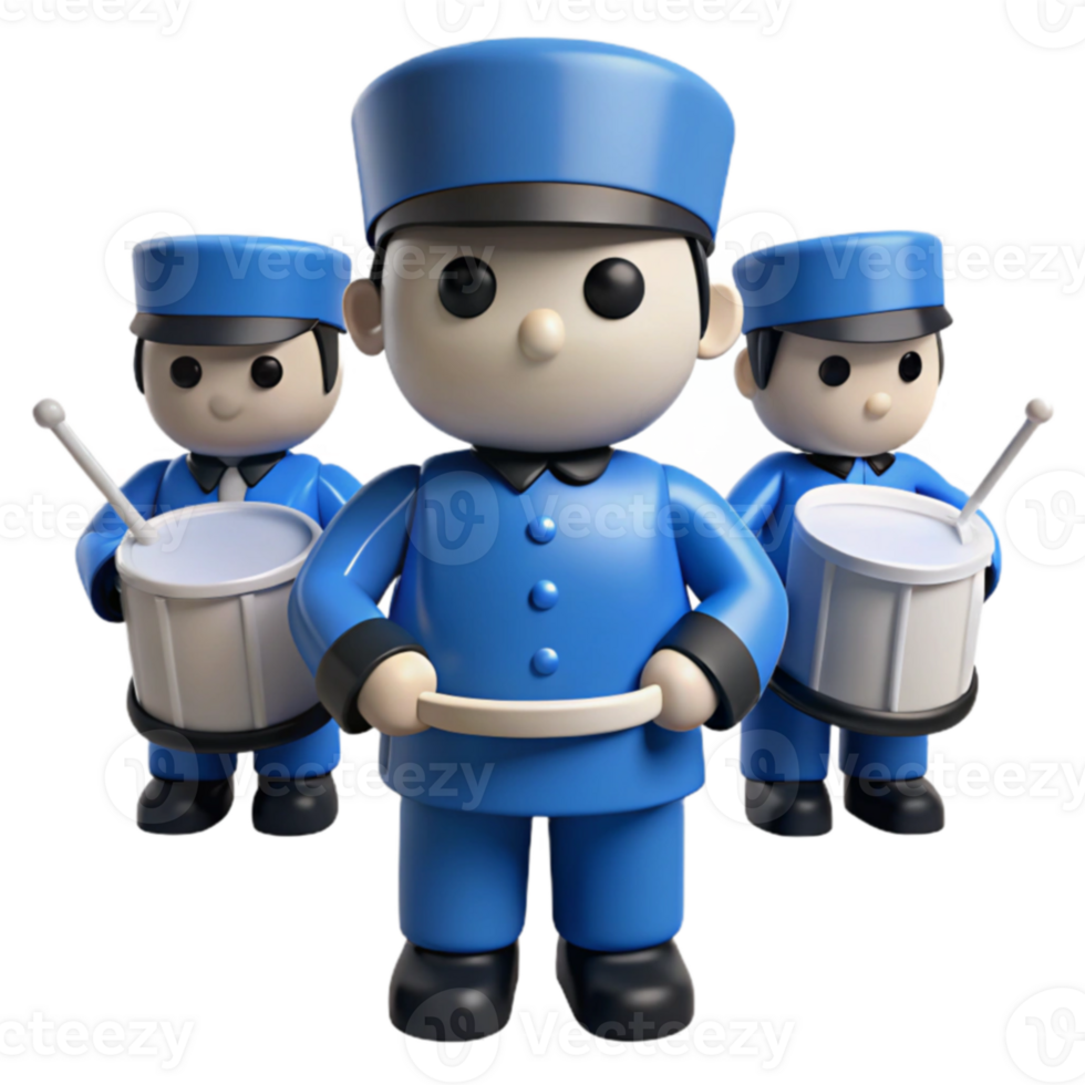 Three 3D Cartoon Drummers in Blue Uniforms png
