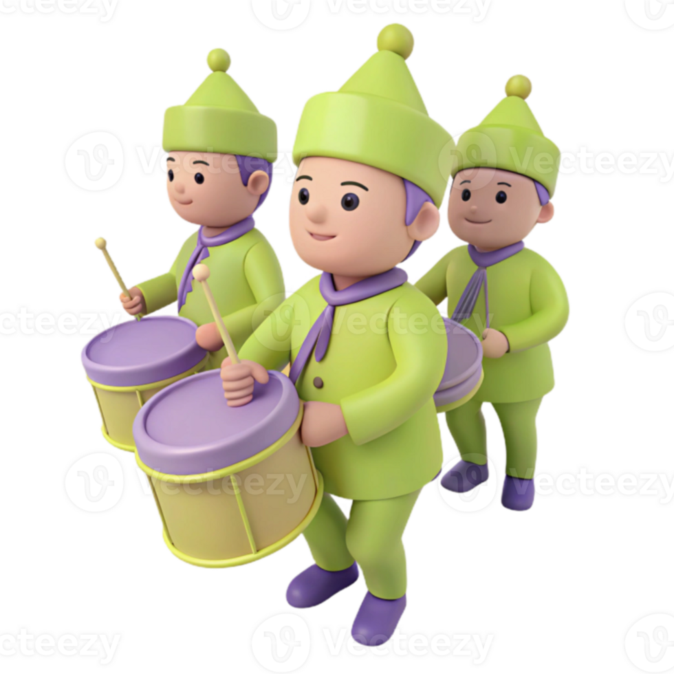 Three Cartoon Characters Playing Drums in Green and Purple Uniforms png