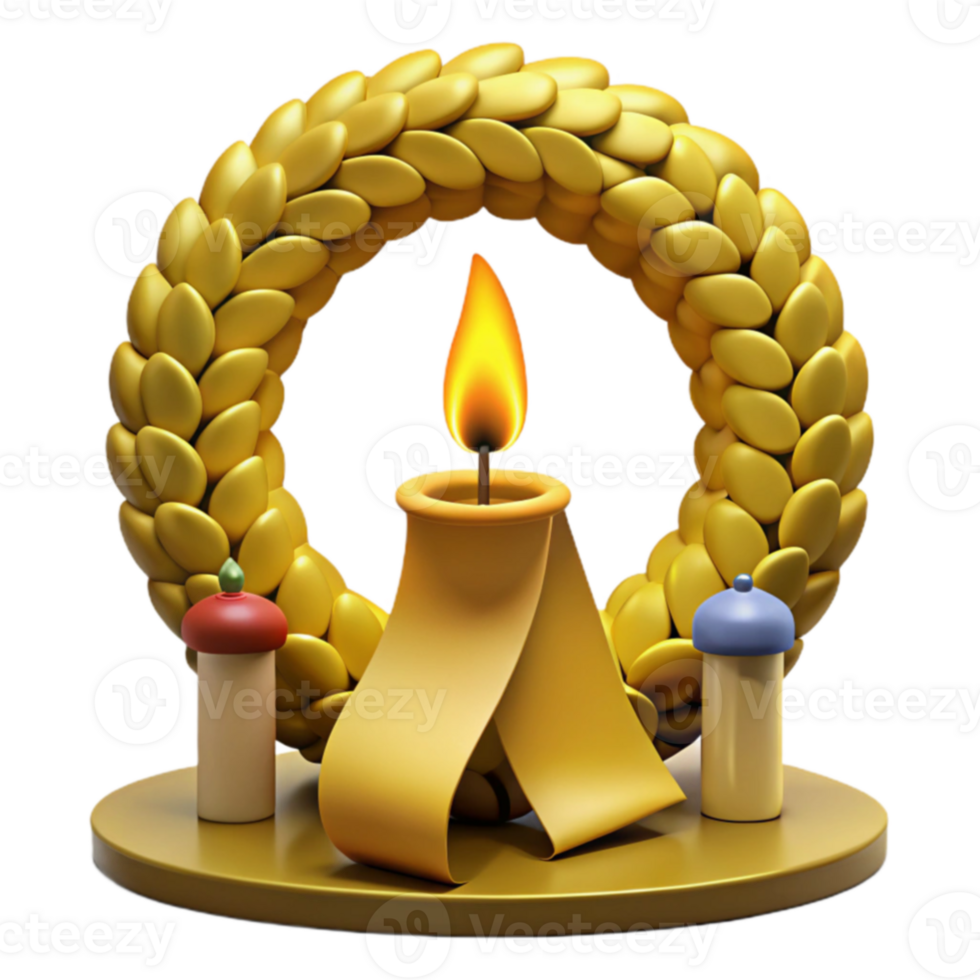 Golden Wreath with Lit Candle and Two Small Ornaments png