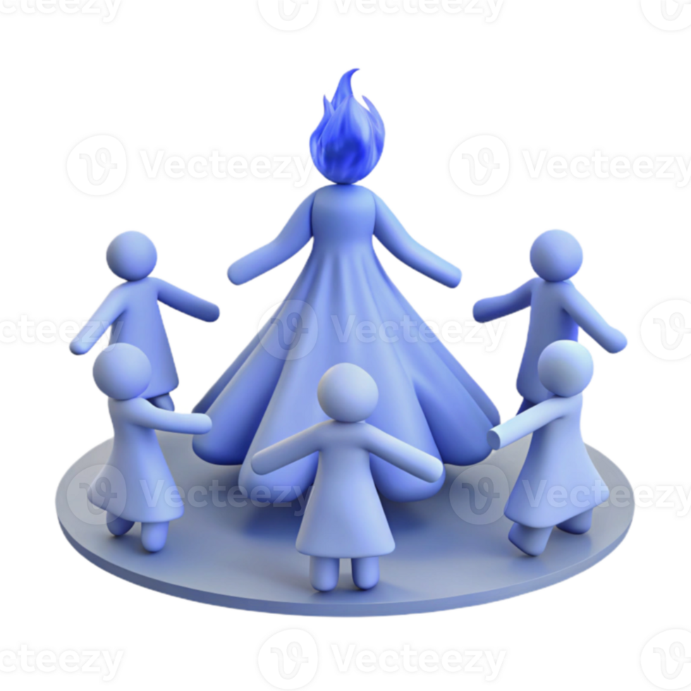 Blue Figure with Flame on Head Surrounded by Figures png