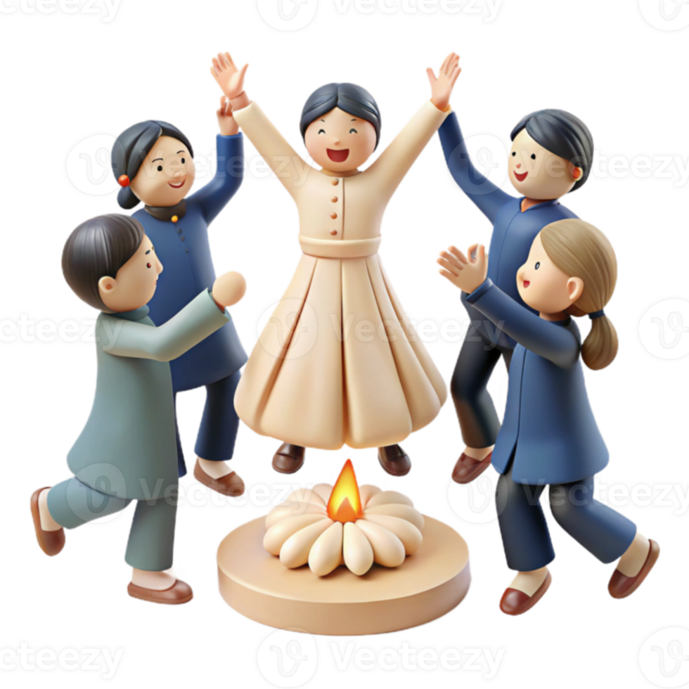 Joyful Celebration Around a Flame 3D Illustration of People Dancing png