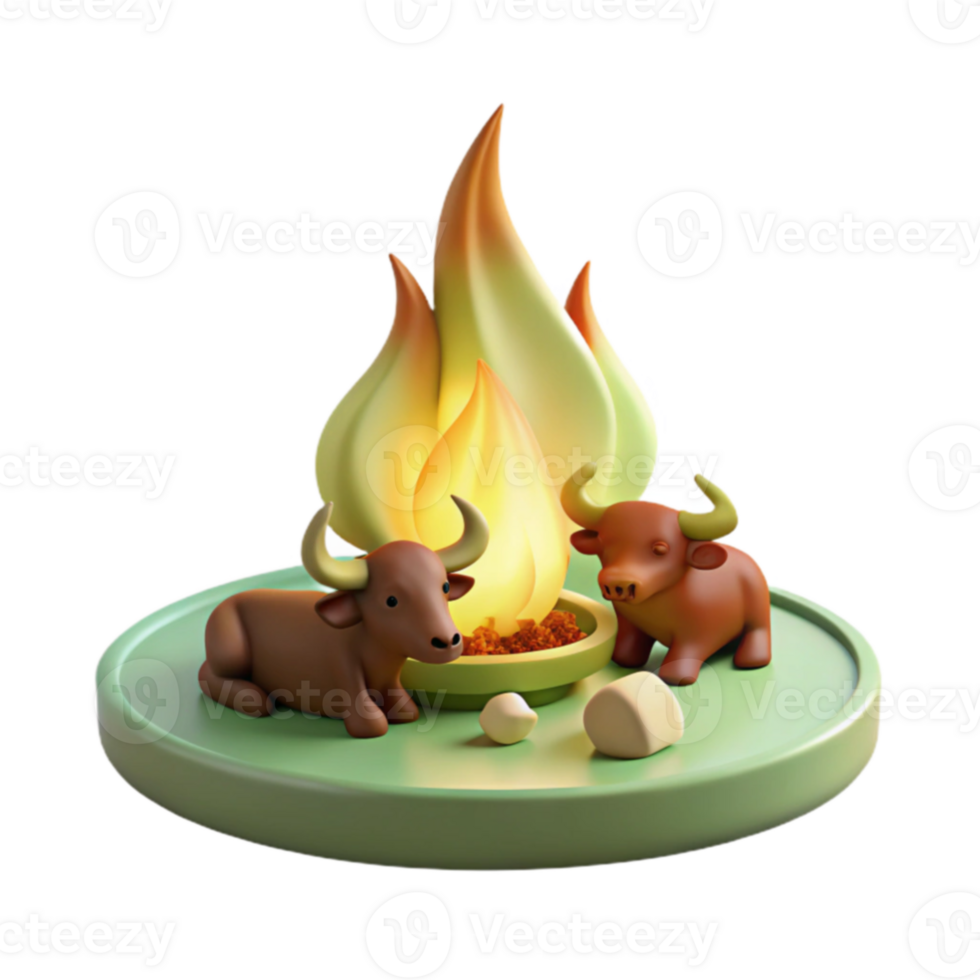 Two Bulls by a Campfire 3D Render png