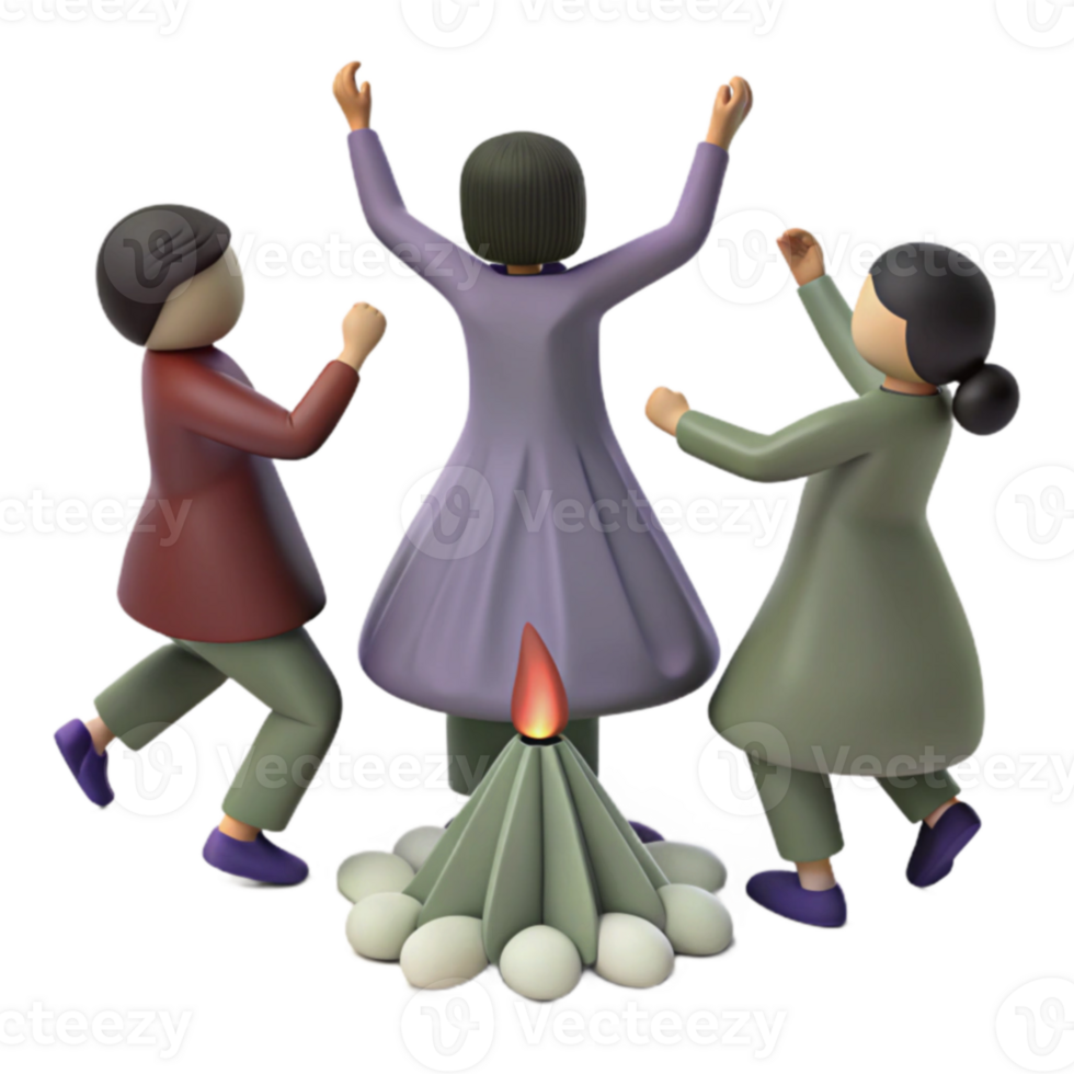 Three Cartoon Figures Dancing Around a Bonfire png